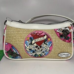 Ed hardy Purse Crossbody Heart Skull in Rhinestones Straw and Faux Leather READ